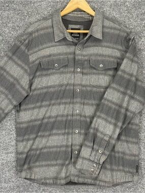 PrAna Asylum Flannel Shirt Shacket Mens XL Gray Striped Lined Snap Front Cotton